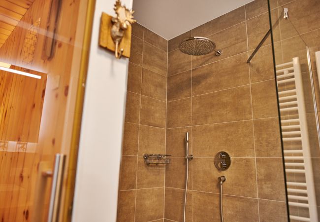 Bathroom with rain shower in the Holiday home flat Adler Auszeit Lodge D6 in Tauplitz