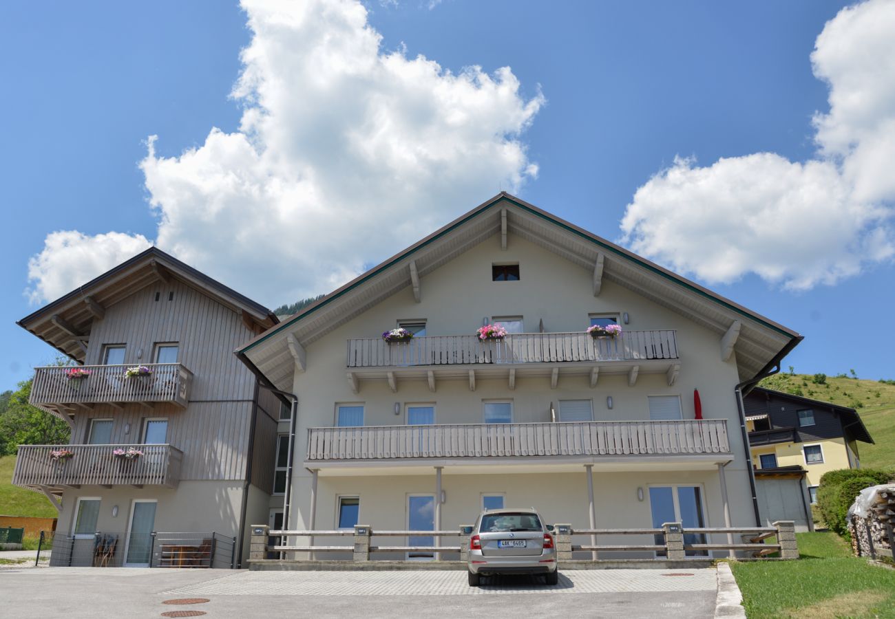 Exterior view from the front of the holiday home Grimming Lodge Goldrute in Tauplitz