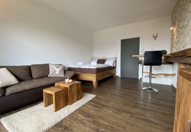 Wohnzimmer mit alpine Style in der Ferienwohnung Alpine Studio Apartment in der Schladming-Dachstein Region